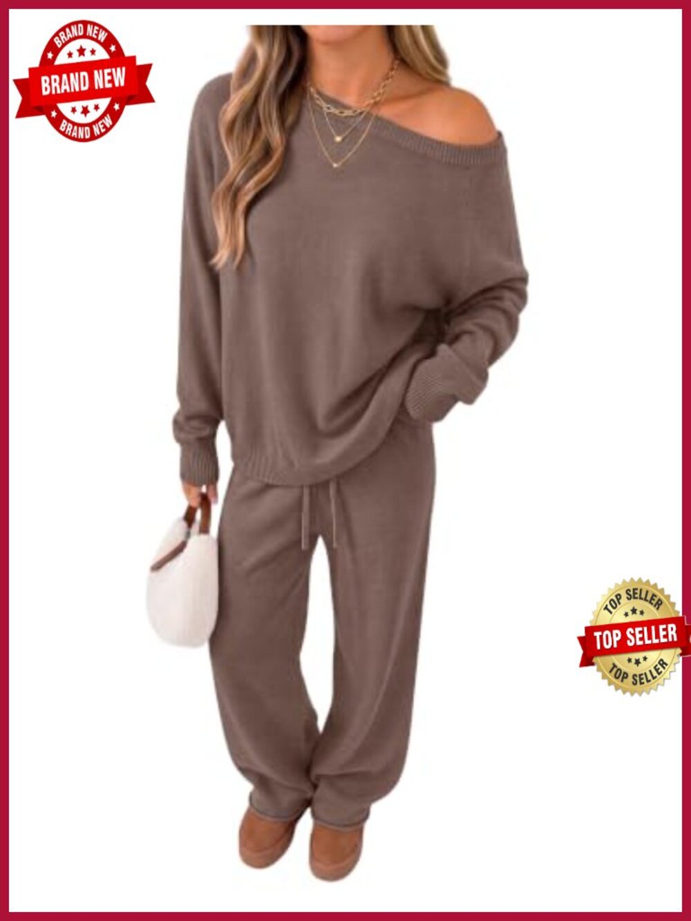 Off Shoulder 2 Piece Lounge Sweater Set Wide Leg Pants Casual Matching